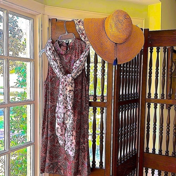 Burgundy Collarless Shift Dress Western Dot Tan Teal Purple Gold NEW! - Picture 3 of 10